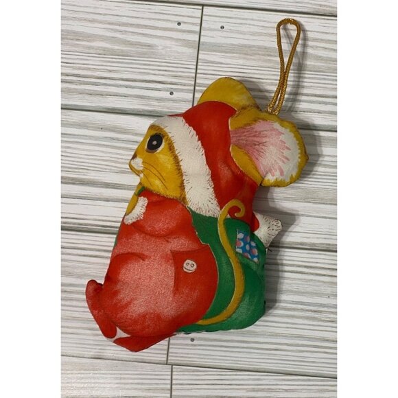 Vintage Fabric Mouse Christmas Ornament With Santa Hat & Gift Bag 6" - Picture 2 of 4